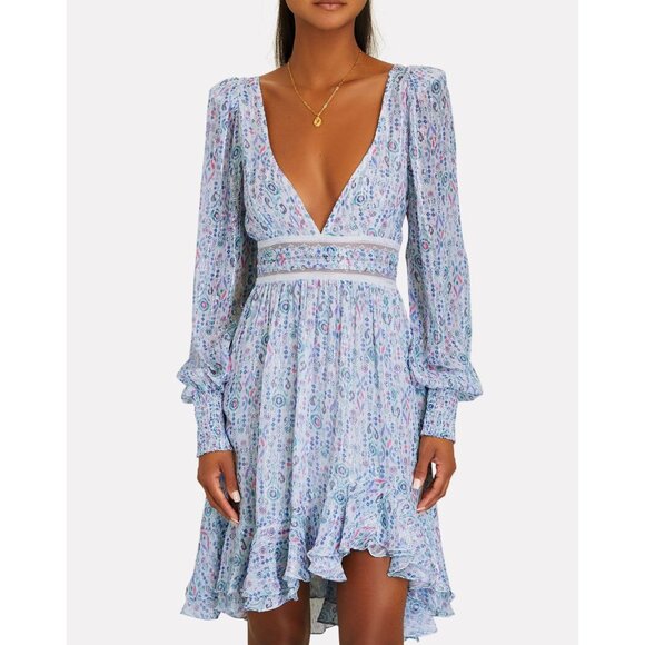 Rococo Sand Floral Mini Dress Blue Multicolor Lurex Chiffon Romantic Petite PP - Picture 1 of 14